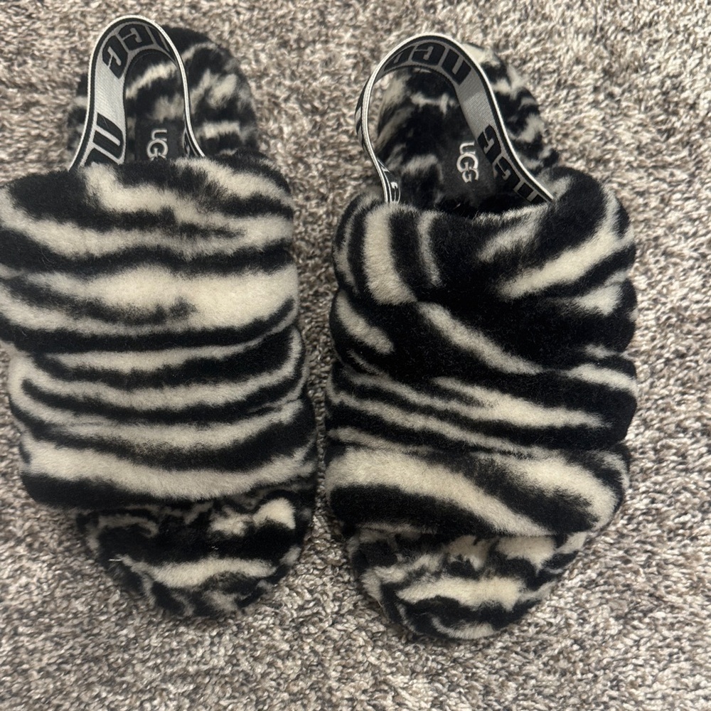 UGG Black and White Zebra Fluffy Slippers